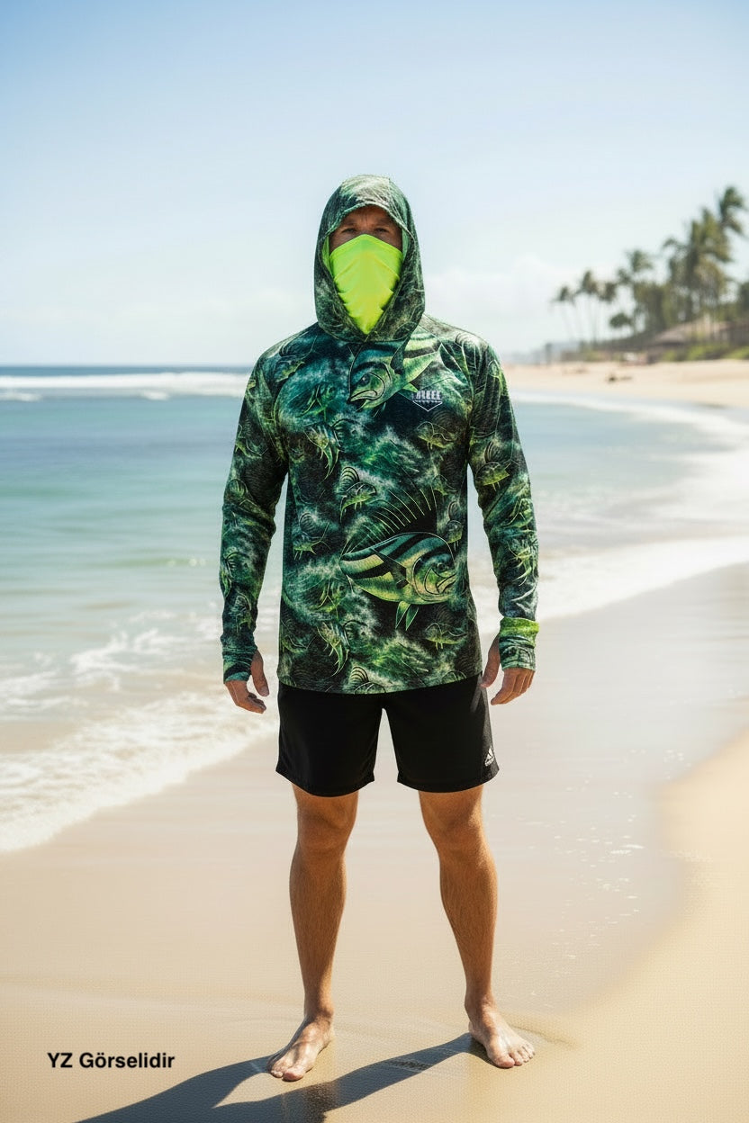Stratos Kapüşonlu ve Maskeli UPF 40+ Performans T-Shirt -Rooster Green